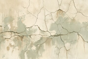 Obraz premium A textured, aged wall displays a network of deep cracks, revealing layers of pale beige and muted green paint.