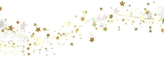 Abstract map-like design with a flowing shape and scattered gold stars on a white background
