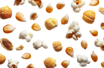 Popcorn kernels and popped popcorn scattered on black background