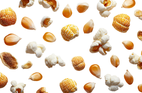 Popcorn kernels and popped popcorn scattered on black background