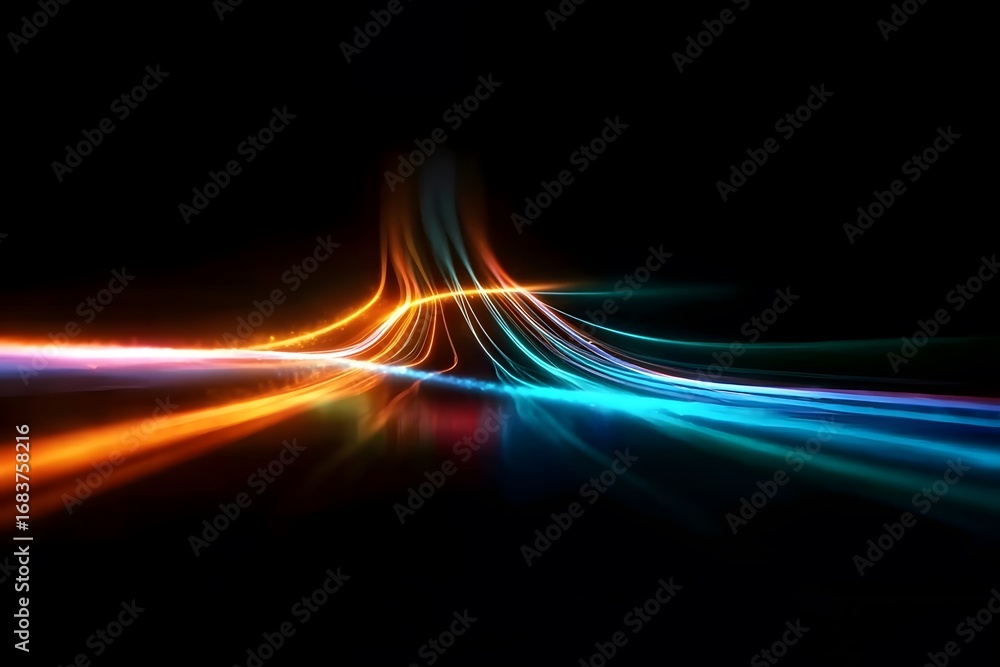 Poster streaks of light in motion against a dark background, creating a speed effect and a futuristic techn