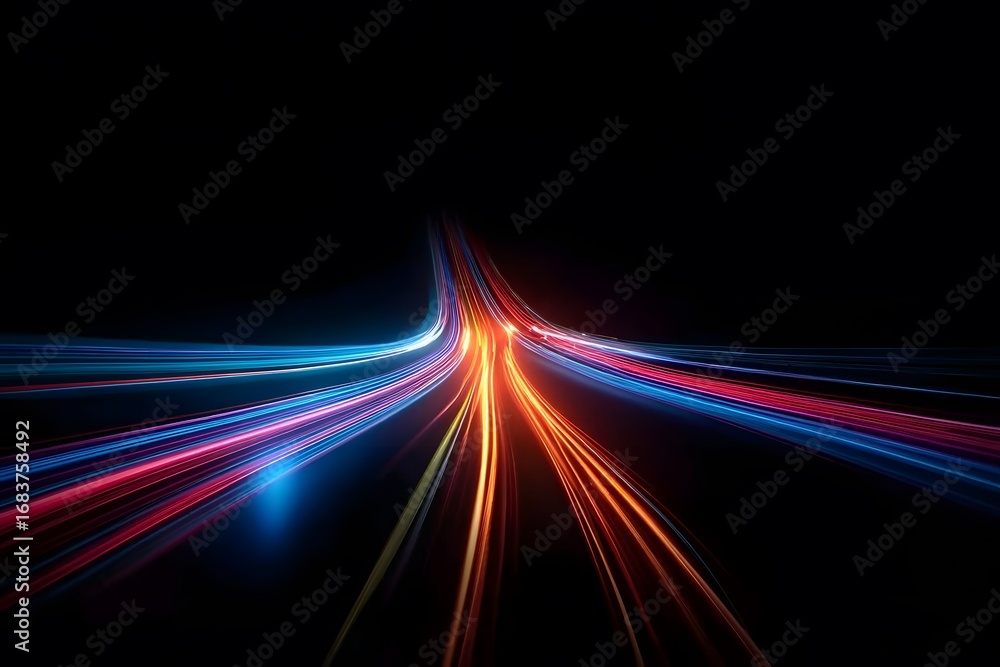 Poster streaks of light in motion against a dark background, creating a speed effect and a futuristic techn