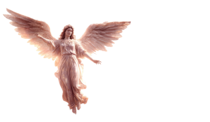 Light-skinned angel figure, poised in flight, with outstretched wings and flowing robe