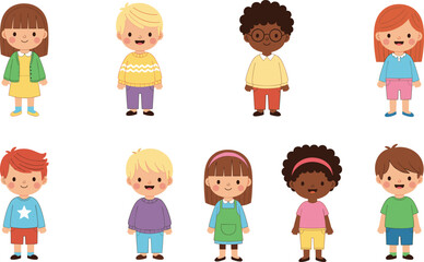 Cartoon children group diverse multicultural kids illustration happy boys and girls standing together isolated vector for education and design