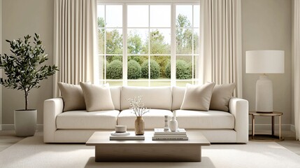Wide panoramic shot of cozy living room with natural light streaming through large windows