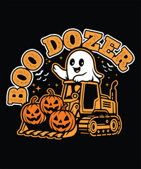 Boo Dozer Halloween T-Shirt Design Cute Ghost Bulldozer with Pumpkins Construction Theme