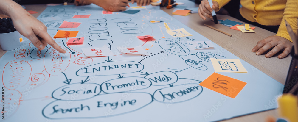 Poster a diverse group of individuals collaborates on an internet project using colorful sticky notes and d