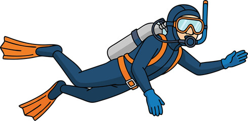 Obraz premium Cartoon illustration of a scuba diver exploring underwater with diving gear and equipment