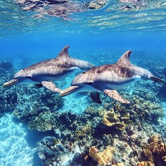 Fototapeta premium Two dolphins swim near a vibrant coral reef