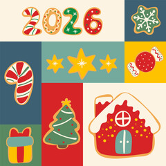 Colorful Christmas illustration with gingerbread cookies shaped as numbers 2026, candy cane, star, snowflake, Christmas tree, gift, sweet, and festive house. Holiday decoration design.