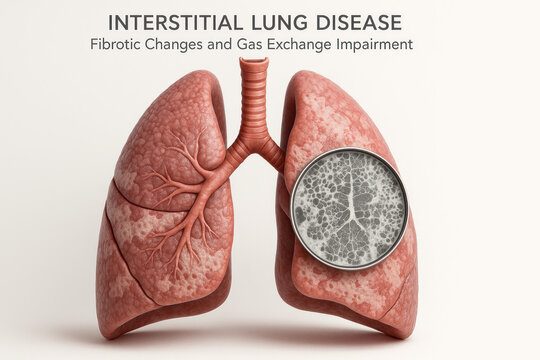 Interstitial Lung Disease Illustration: Fibrotic Changes and Gas Exchange Impairment, medical visual (Illustration)