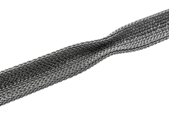 A close-up of a rugged, dull charcoal grey woven steel mesh ribbon, tautly stretched with creasing, against a transparent background with copy space, concept of industrial durability