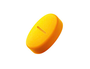 A bright, cartoon-style, oval-shaped,  orange-yellow pill with a horizontal dividing line