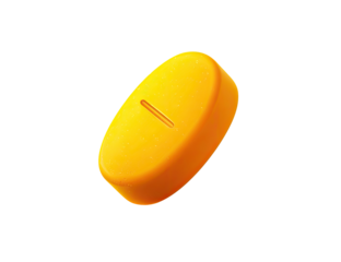 A bright, cartoon-style, oval-shaped,  orange-yellow pill with a horizontal dividing line