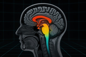 Human Brain Section Anatomy Illustration, MRI Scan, Anatomical Brain Regions Highlighted [Illustration]