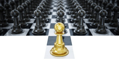 Gold chess pawn standingin front of black chess pieces on transparent background. 3D illustration