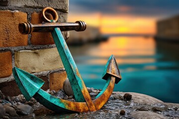 Rusted anchor rests against a weathered wall with a serene sunset reflecting on tranquil water in a coastal harbor