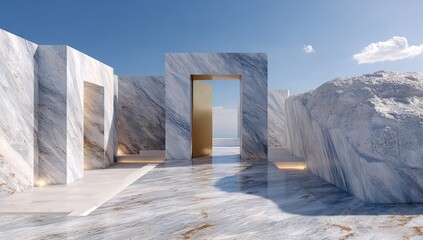 Marble architectural scene,  golden portal, blue sky