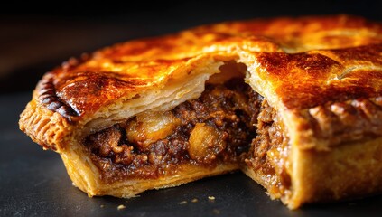 Close-up of a savory pie with golden crust