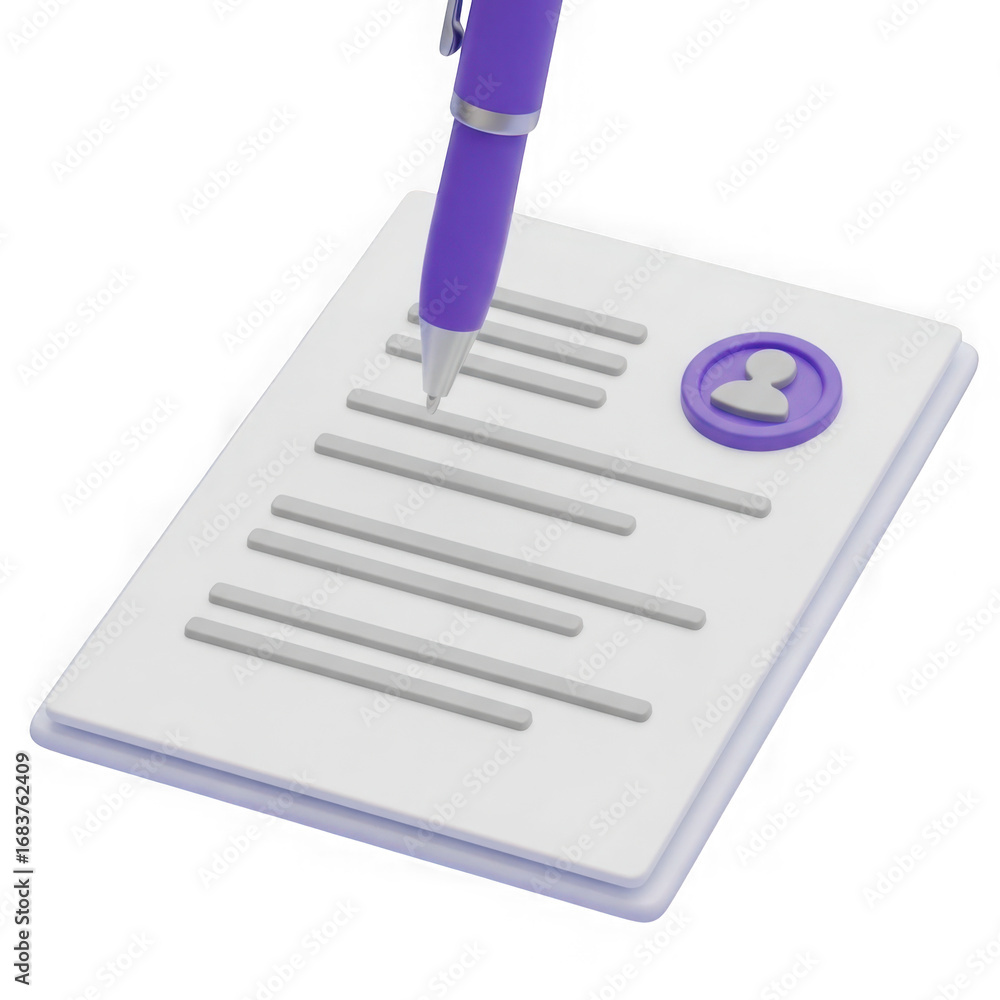Poster 3d document signing with pen isolated on transparent background