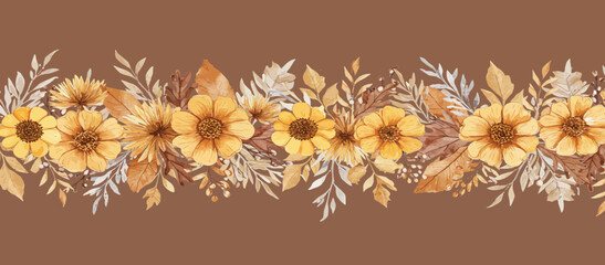 A horizontal border of watercolor sunflowers and dried foliage in warm autumn colors on a brown background, vector illustration