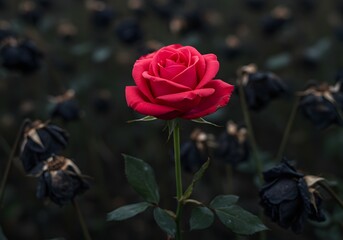 Photo of a vibrant red rose blooms in sharp focus, its petals unfurling beautifully, while the background is filled with wilted, dark roses, creating a striking contrast between life and decay, hope a