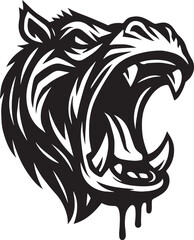 Obraz premium Black and White Stylized Wild Boar Head with Open Mouth and Dripping Jaws animal