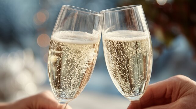 Dos copas de champ&aacute;n con burbujas haciendo un brindis