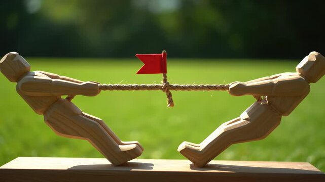 Wooden Figures Tug-of-War Competition - Two wooden figures engage in a tug-of-war, pulling on a rope with a small red flag in the center.