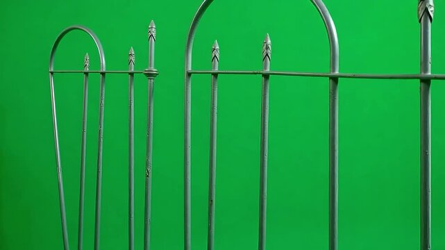 Close-up of a decorative metal fence against a vibrant green background