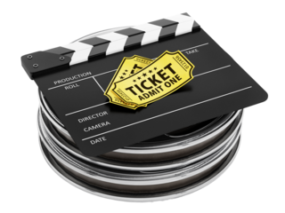 Film reels, clapboard and cinema tickets on transparent background. 3D illustration