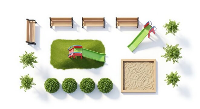 Top view of playground elements including benches, slide, and sandbox, isolated on white background