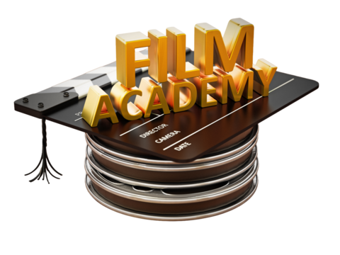 Clapboard standing on film strips like a mortarboard on transparent background. 3D illustration