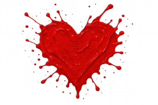 Red liquid dynamically splashing, forming heart-shaped droplet highlighting romantic emotion against clear backdrop