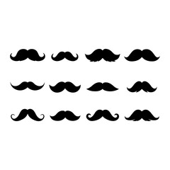 Different Mustache Silhouette Set 12 Black Vector illustration Icons in Varied Styles for Character Design, Costume, and barbershop Grooming Themes. Collection of men's moustaches on white background