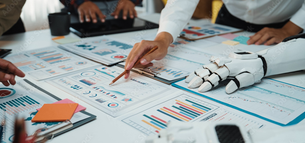Poster a futuristic workspace where ai-powered solutions optimize financial insights and strategic planning