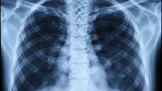 X-Ray video of Thoracic Spine and Ribs - This detailed X-ray shows a human thoracic spine and rib cage, providing a clear view of the bone structures.