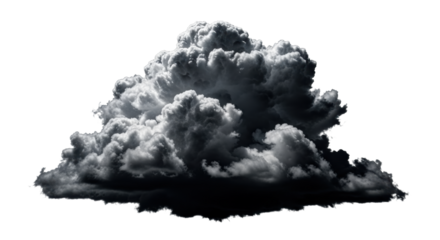 Colossal, turbulent charcoal storm clouds with volumetric textures, isolated on a transparent background with vast copy space, concept of nature's immense power.