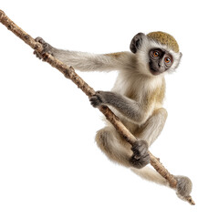 Playful vervet monkey gripping a branch swinging energetically amidst nature's embrace