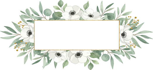 A horizontal rectangular frame adorned with white anemone flowers and green eucalyptus leaves, set against a white background.
