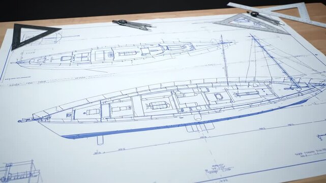 Yacht Design Blueprint - Detailed blueprint of a sailboat design spread on a table, with drawing tools nearby. The blueprint shows both side and top views of the yacht, including interior layout.