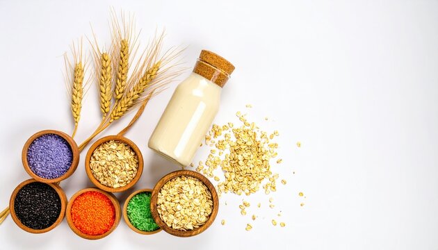 Healthy breakfast ingredients.  Wooden bowls of grains, seeds, and a bottle of milk.  Wheat stalks - Powered by Adobe