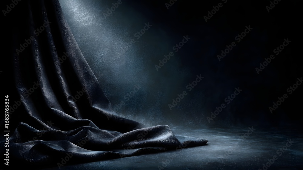 Poster elegant dark fabric draped and illuminated by a soft spotlight creating a mysterious and luxurious b