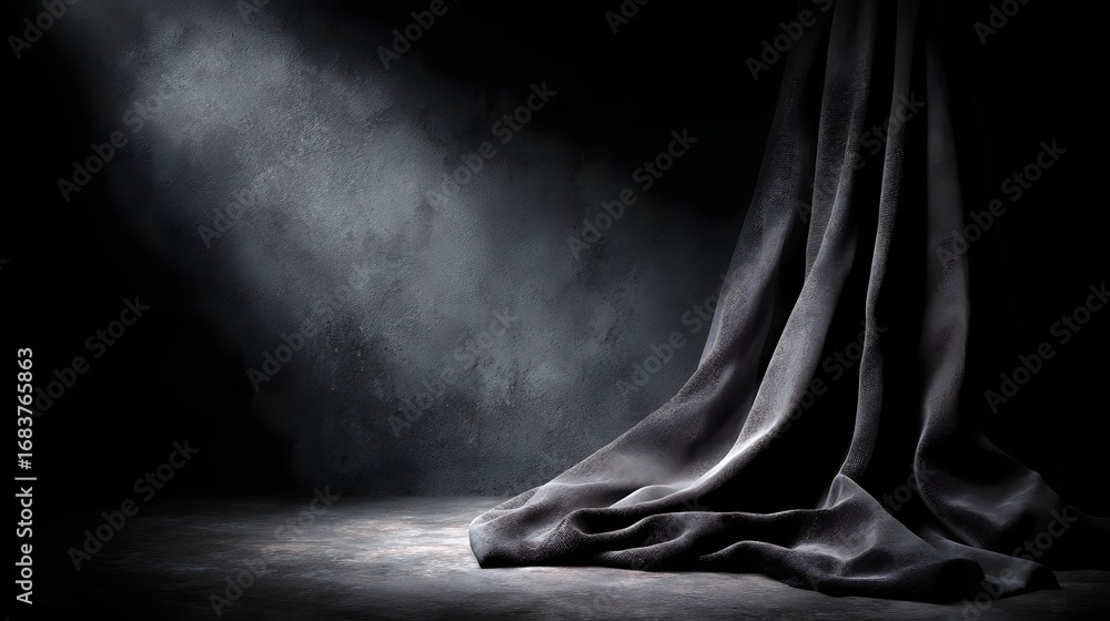 Poster an elegant dark fabric drape creates a dramatic textured backdrop illuminated by a soft spotlight pe