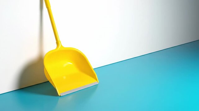 Yellow Dustpan on Turquoise Floor - A yellow plastic dustpan leans against a white wall on a turquoise floor. The video is simple and clean, with a strong contrast between the colors.
