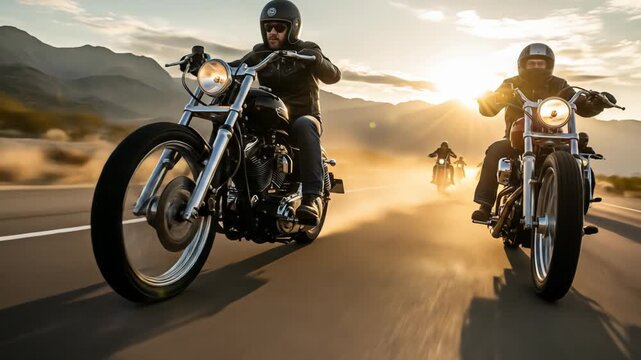 Riders enjoying a motorcycle road trip, sunset, desert landscape, for travel blogs