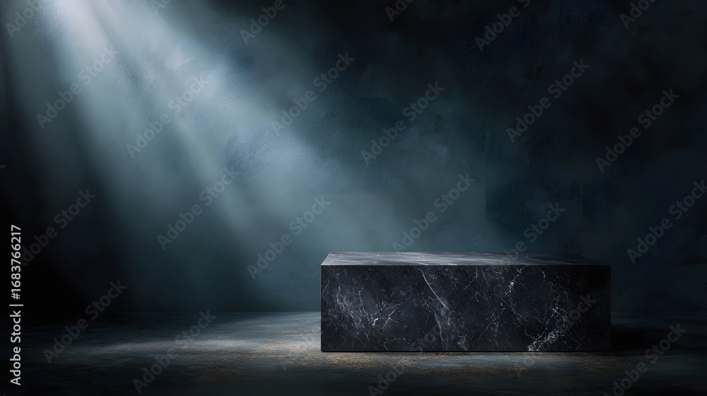 Poster an empty dark marble platform is dramatically illuminated by ethereal light rays in a minimalist stu