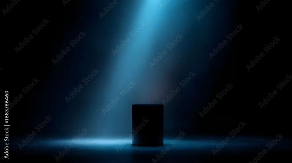 Poster cylindrical podium illuminated by a striking blue light beam in a dark atmospheric studio creating a