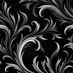 A seamless floral motif with intricate curving lines and swirling shapes resembling stylized leaves or petals in monochr