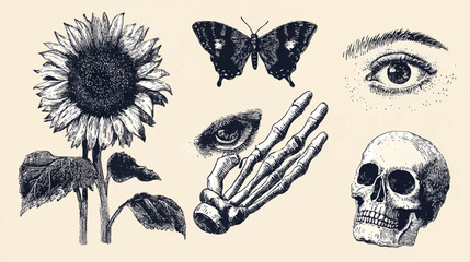 Ink Sketch Still Life with Sunflower Butterfly Eye Hand and Skull with Shading and Detail